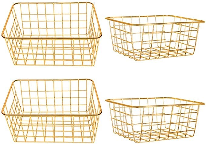 Vlish 4 Gold Wire Baskets - 4 Pack Storage Decor Crafts | Kitchen Bin Organizing Basket Set | Great for Closet, Laundry, Pantry Organization, Tables & Countertops, Office | Large & Small